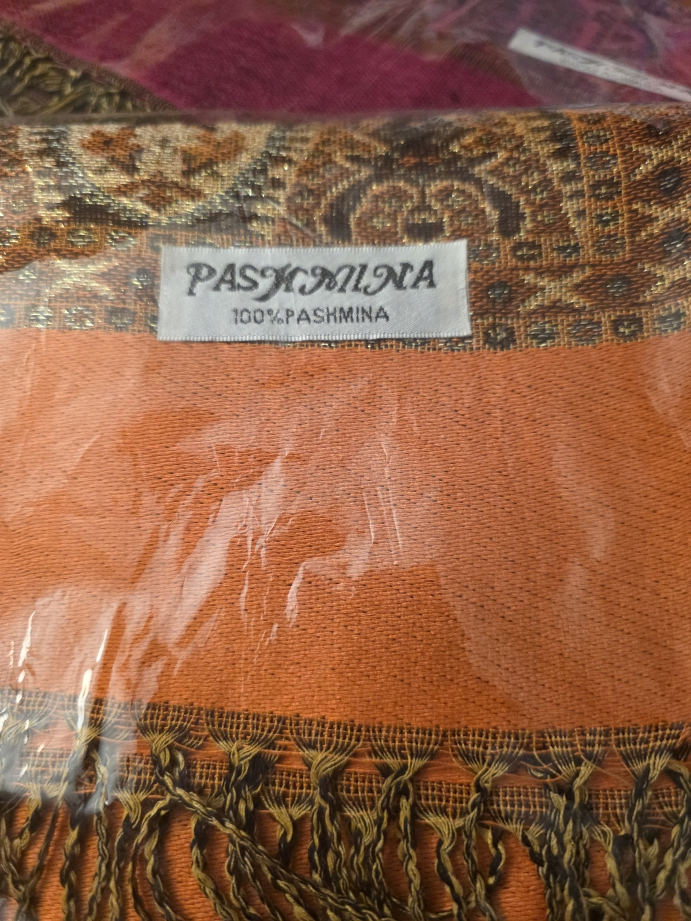 pashmina Orange Shawl with Paisley Fringe 27x72 Scarf